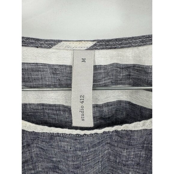 Studio 412 Striped 100% Linen Boxy Top Women Medium Grey Lagenlook Minimalist - Picture 3 of 6